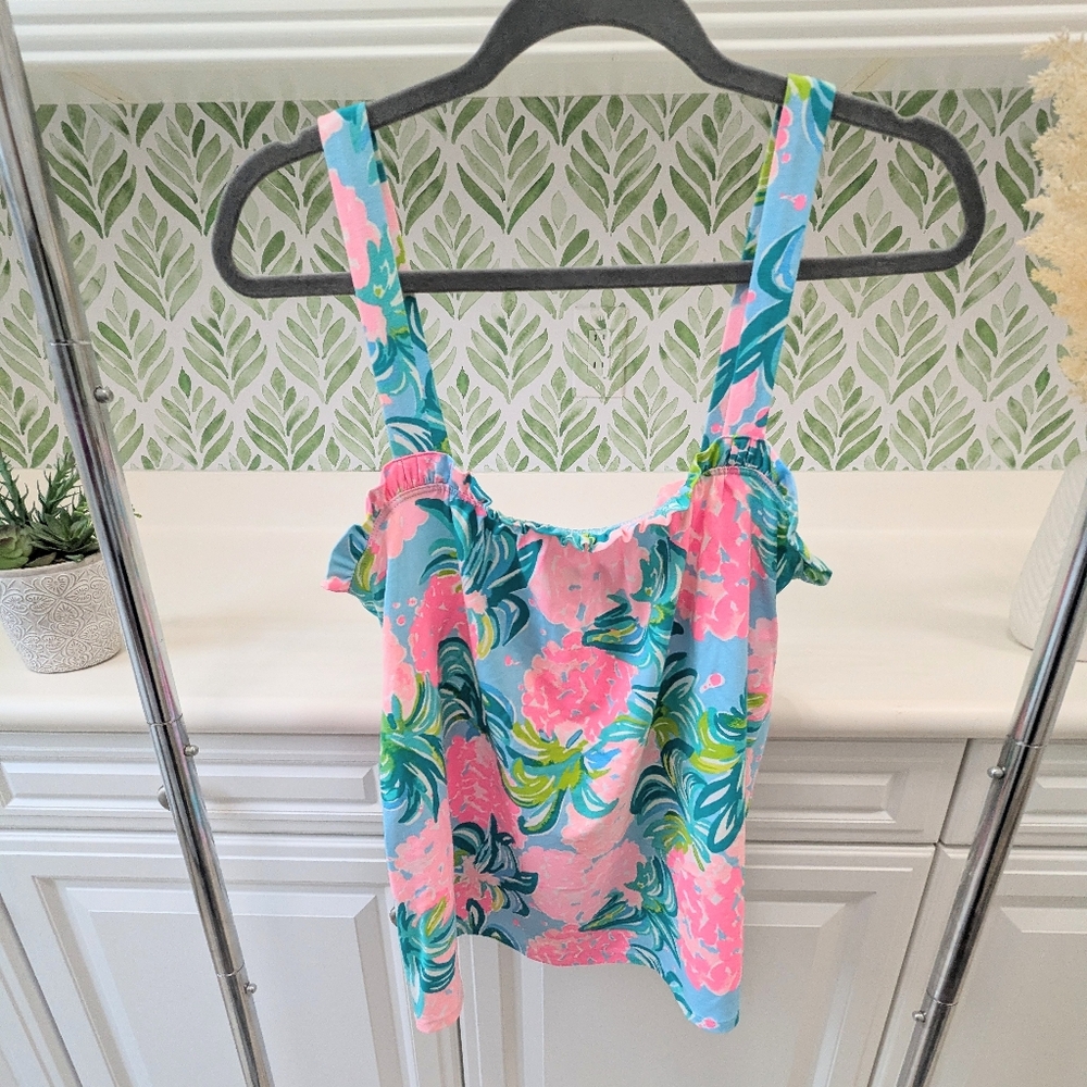 Lilly Pulitzer Pink & Teal Floral Ruffle Tank Top - Picture 5 of 10